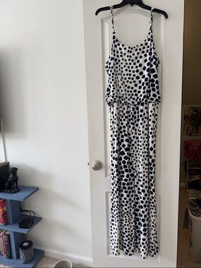 White & Navy Spot Print Sleeveless Jumpsuit